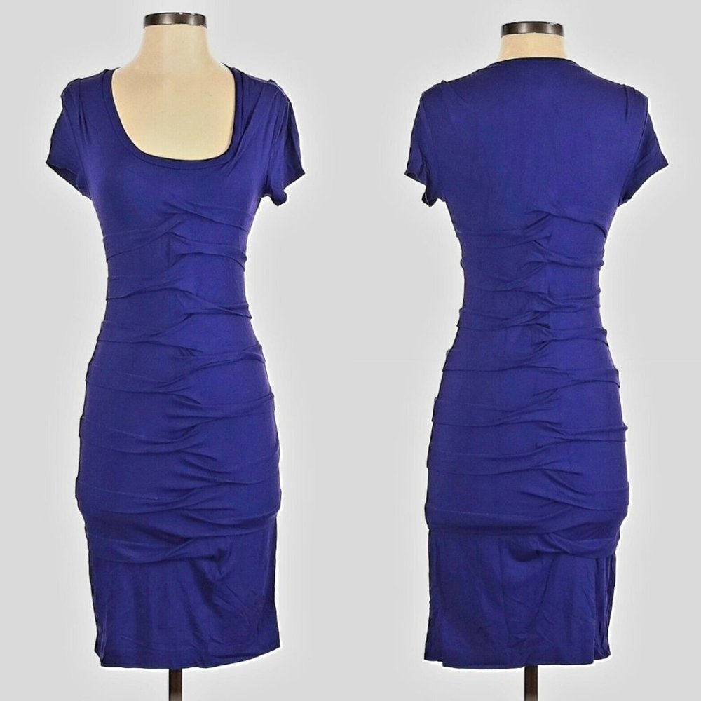Y2K Royal Blue Bodycon Bandage Knit‎ Dress Knee Length Ruched Size Small